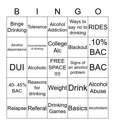 Alcohol Bingo Card
