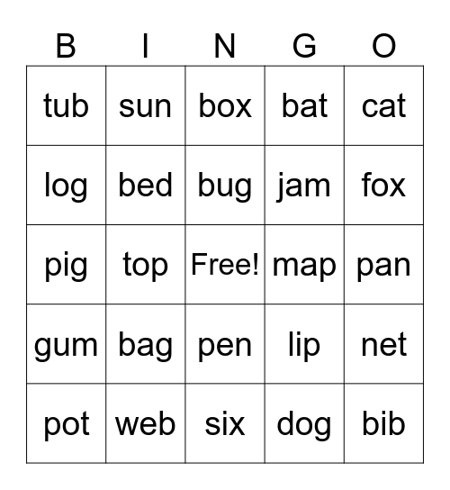 CVC WORDS Bingo Card