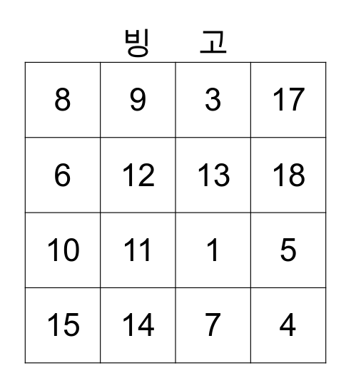 Native Korean Numbers Bingo Card