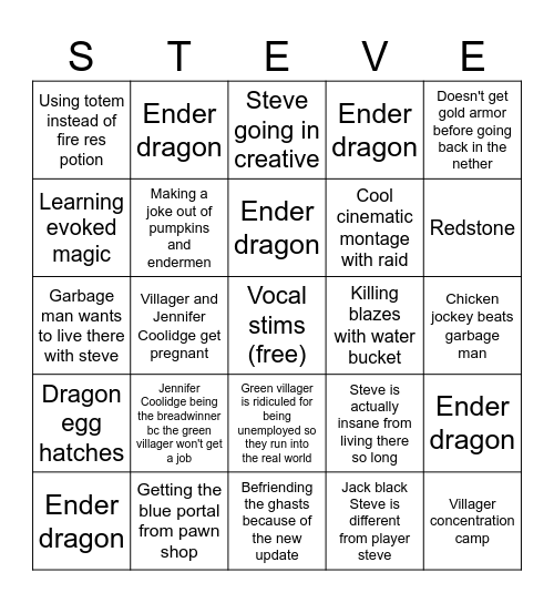 Minecraft movie bingo Card