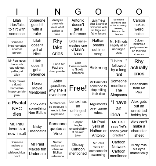 CHRHS D&D CLUB Bingo Card
