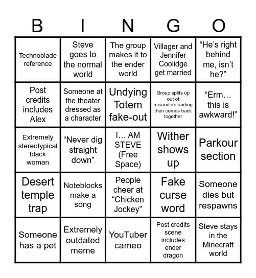 Minecraft Movie Bingo Card