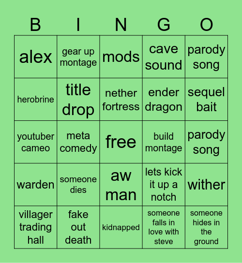 minecraft movie Bingo Card