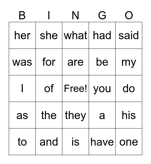 Sight Word Bingo Card