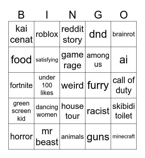 youtube short Bingo Card