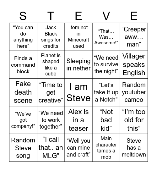 Minecraft Movie Bingo Card