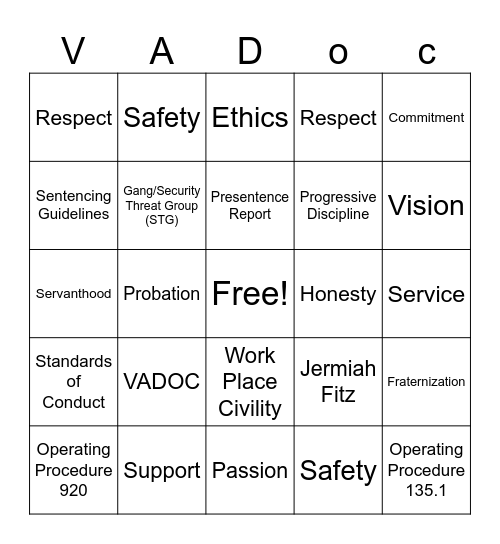 VADOC Bingo Card