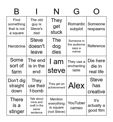 Minecraft movie bingo Card