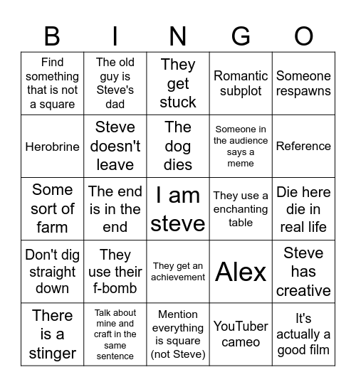 Minecraft movie bingo Card