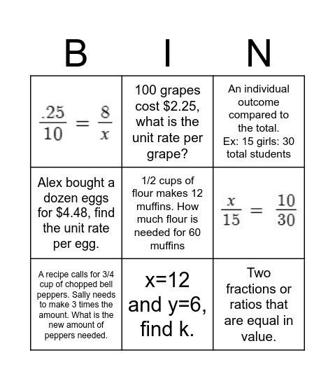 Proportional Relationships Bingo Card