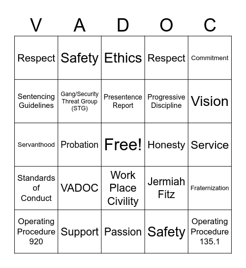VADOC  Bingo Card