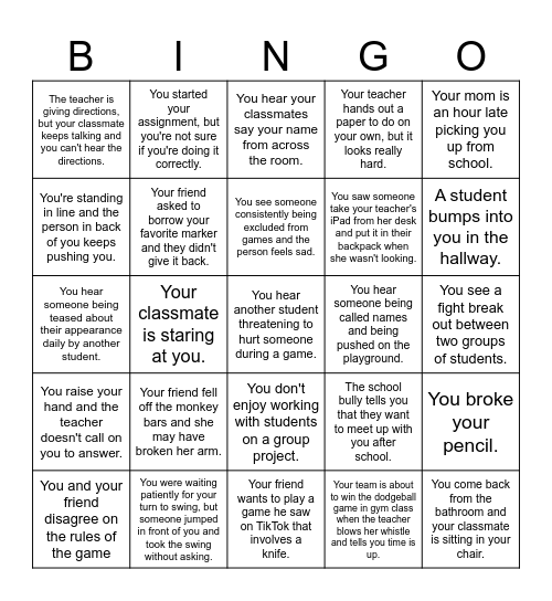 Size of Problem Scenarios Bingo Card