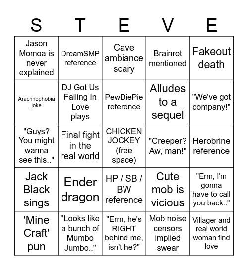 Minecraft Movie Bingo Card