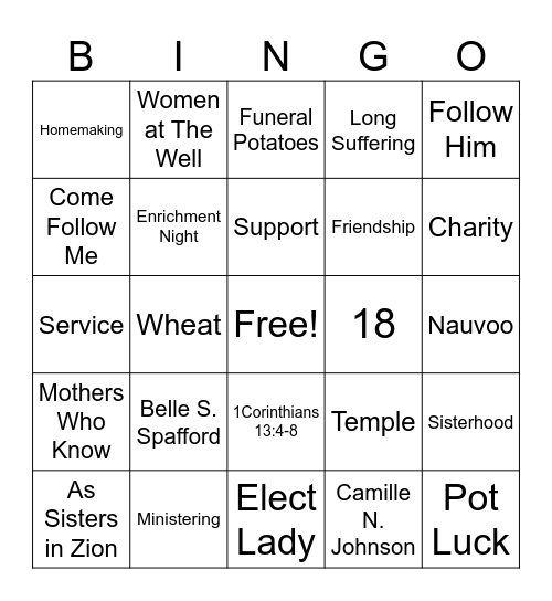 Relief Society Bingo Card