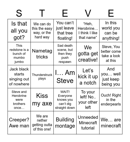 Minecraft movie bingo Card