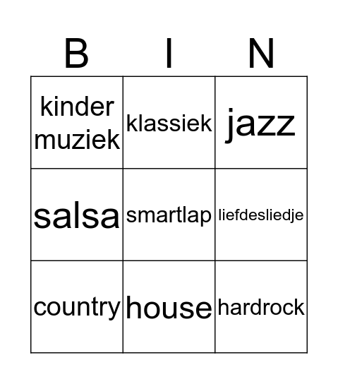 Muziek Bingo Card