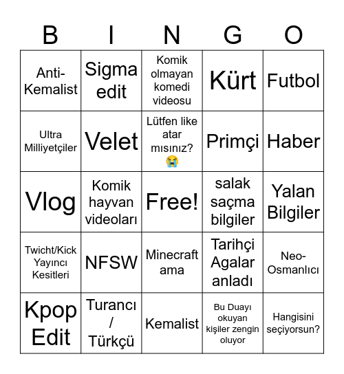 Youtube Shorts Bingo (Turkish Edition) Bingo Card