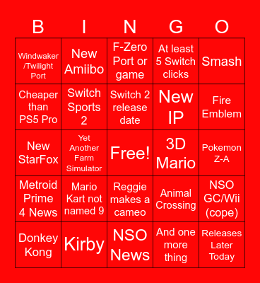 Nintendo Direct April 2025 Bingo Card