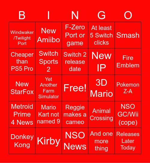Nintendo Direct April 2025 Bingo Card