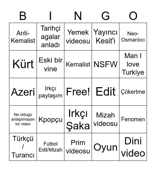 Youtube Shorts Bingo (Turskish Edition) Bingo Card
