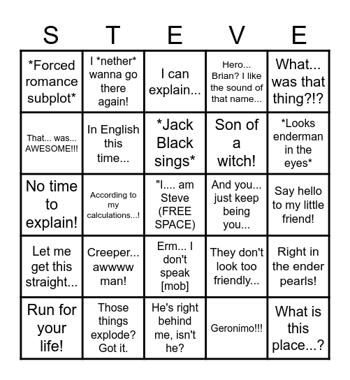 Minecraft Movie Bingo Card