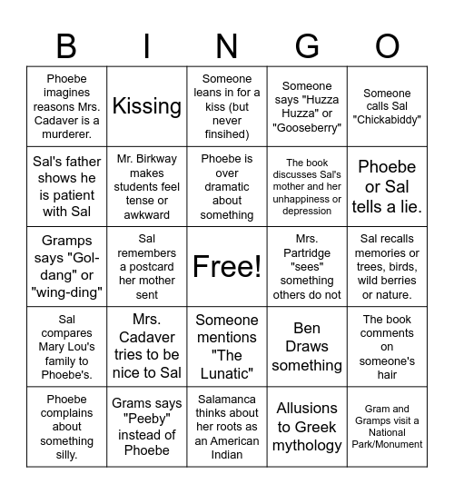 Walk Two Moons Bingo Card