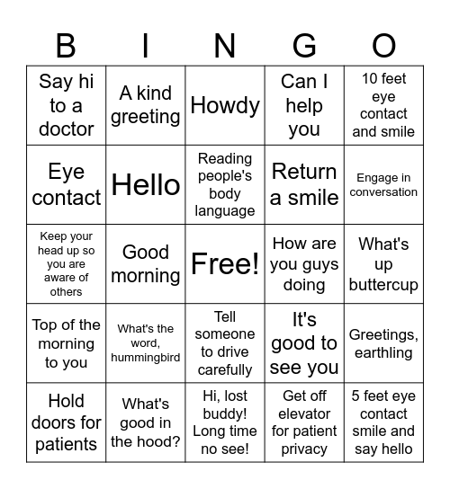 Head's UP Bingo Card