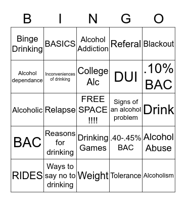 Alcohol Bingo Card
