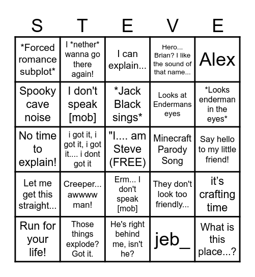 Minecraft Movie Bingo Card