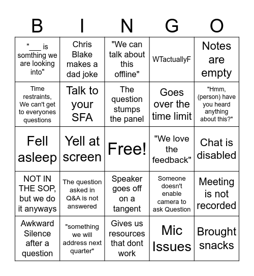 ssscall Bingo Card