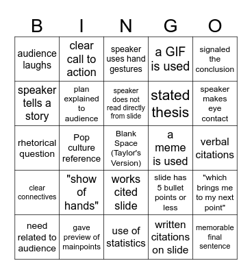 Public Speaking Bingo Card