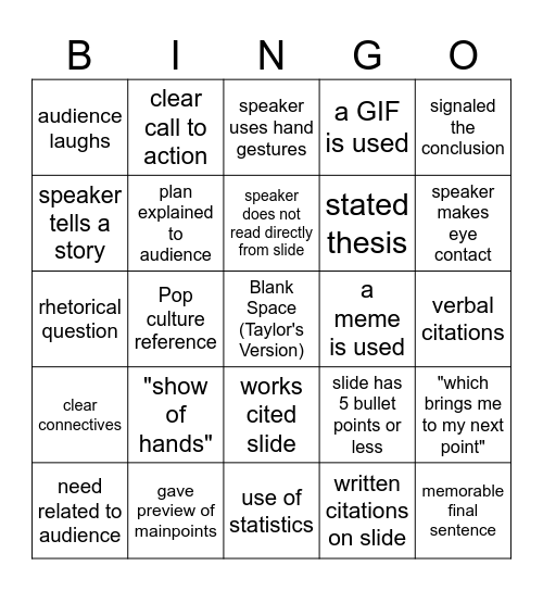 Public Speaking Bingo Card