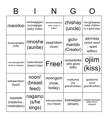 Ojibwe - Kitchiniigaan Noongom Bingo Card