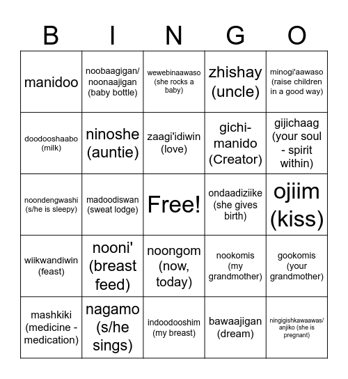 Ojibwe - Kitchiniigaan Noongom Bingo Card
