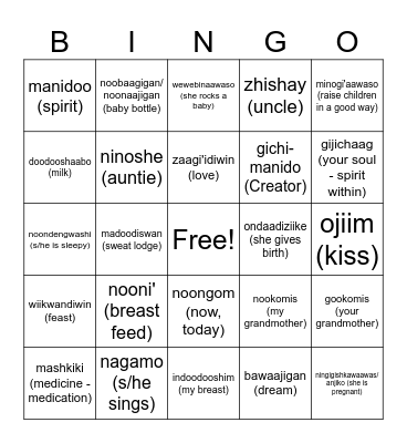 Ojibwe - Kitchiniigaan Noongom Bingo Card
