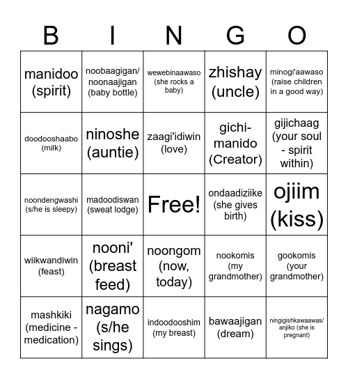 Ojibwe - Kitchiniigaan Noongom Bingo Card