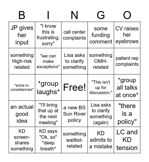 STAFF MEETING Bingo Card