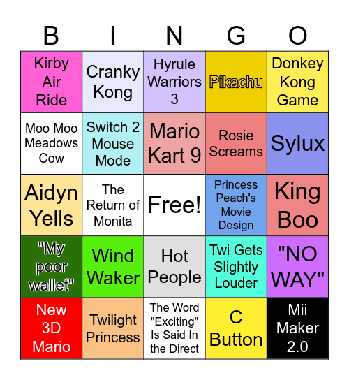 Twi's Switch 2 Direct Predictions Bingo Card