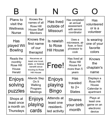 Rose Hill House Meet & Greet Bingo Card