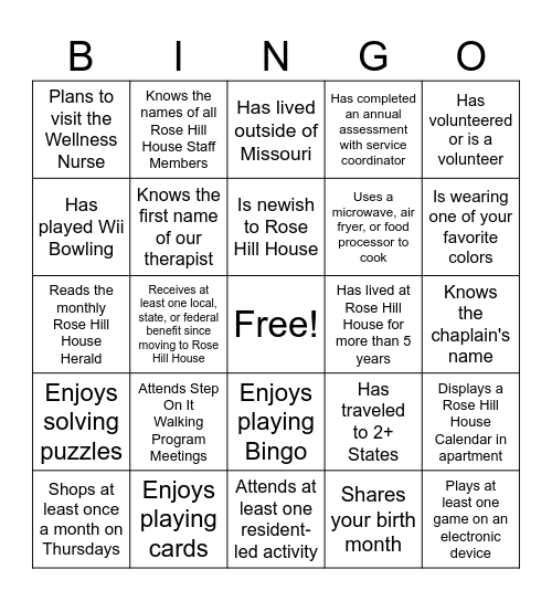 Rose Hill House Meet & Greet Bingo Card