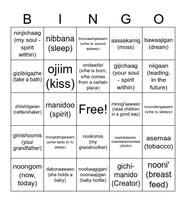 Ojibwe - Kitchiniigaan Noongom Bingo Card