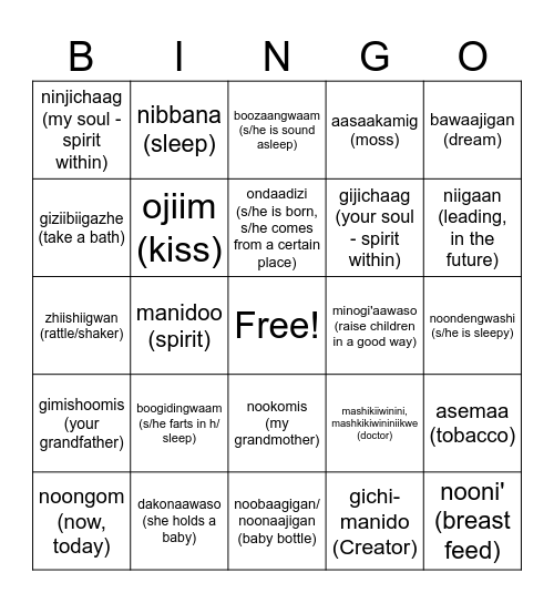 Ojibwe - Kitchiniigaan Noongom Bingo Card
