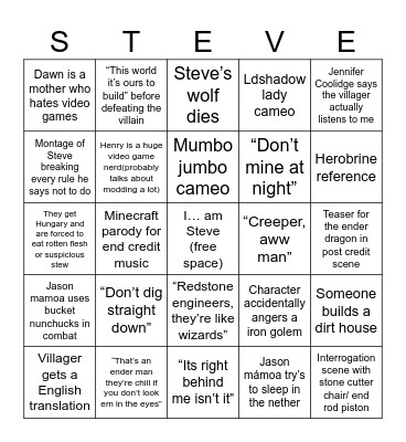 Minecraft movie Bingo Card