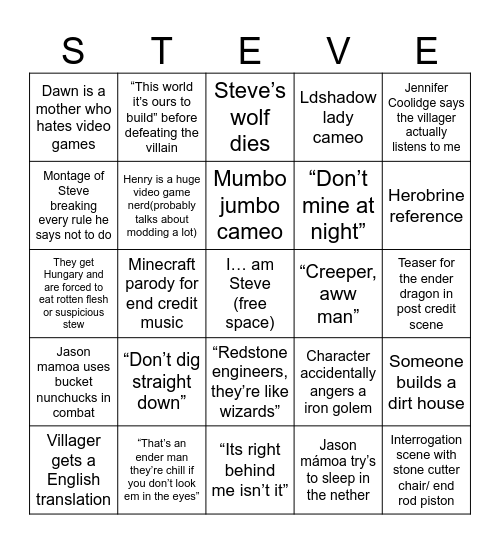 Minecraft movie Bingo Card