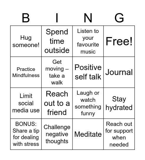 Mental 'Fitness' Bingo Card