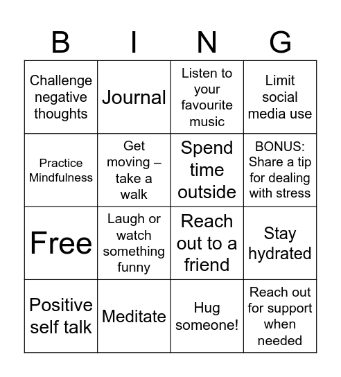 Mental 'Fitness' Bingo Card