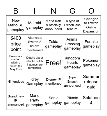 Switch 2 Direct Bingo Card