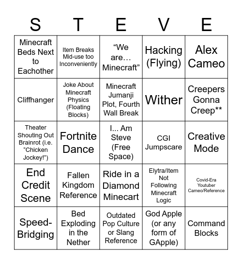 Minecraft Movie Bingo Card