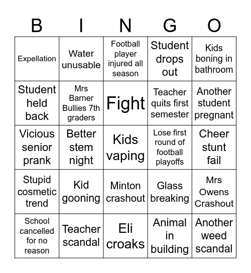 2026 school year bingo Card