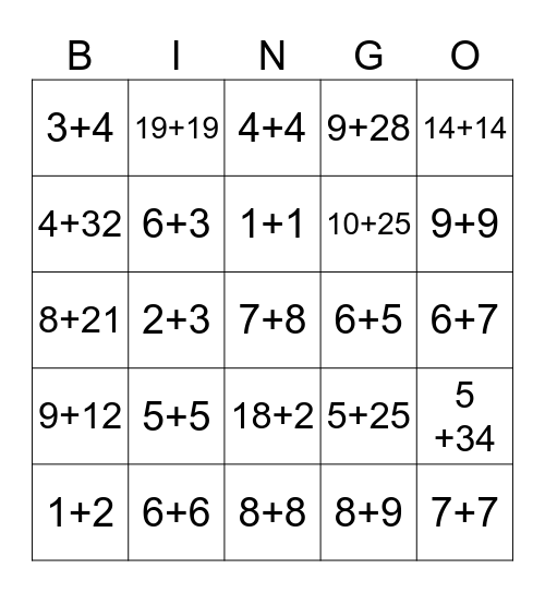 Additions (1-39) Bingo Card